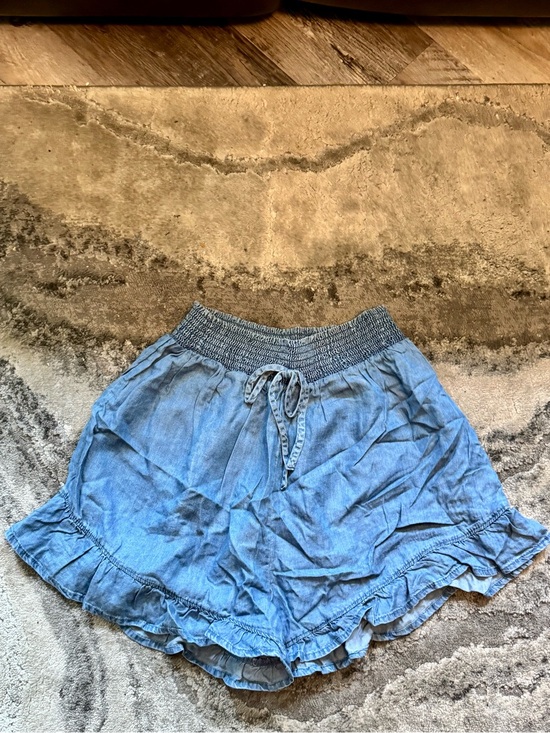 None Pants - High Waist Blue Ruffle Hem Women's Shorts